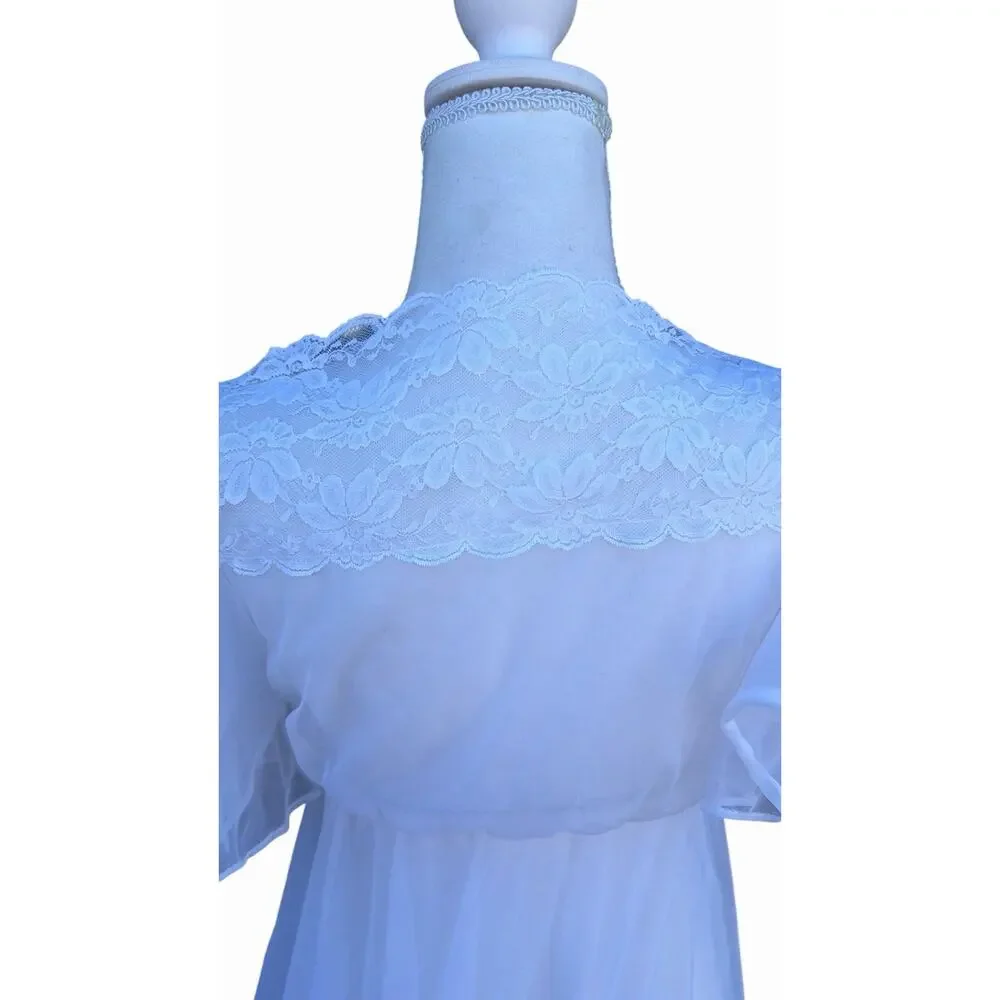 Vintage Vale Mode Sheer Lace Robe White Bridal Lingerie Nylon USA Small